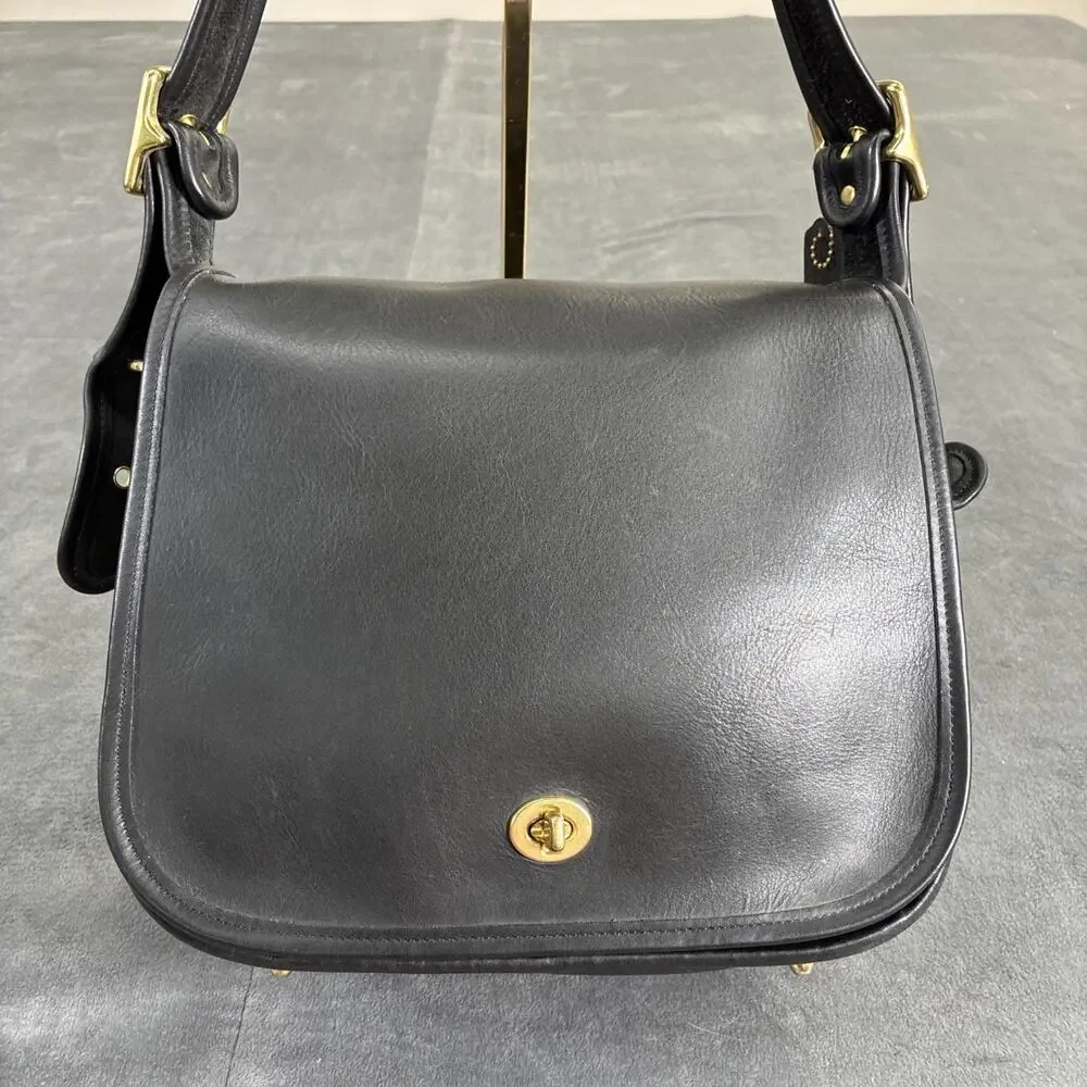 Vintage Coach 9525 Stewardess Bag Black Leather 90s Turnlock Purse USA Charity